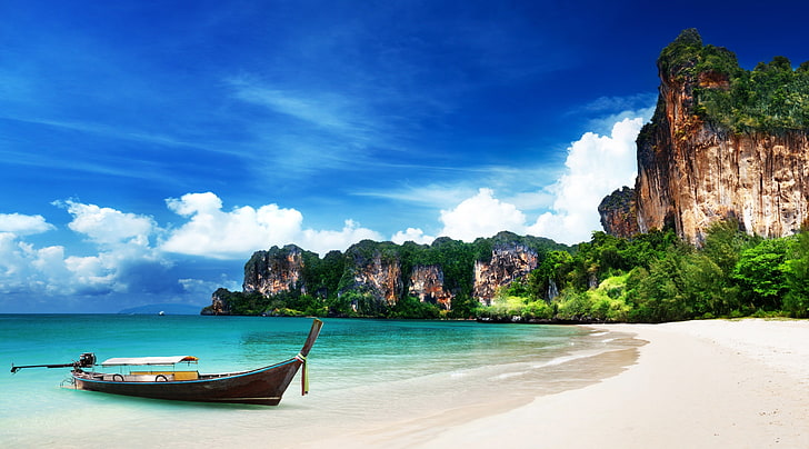 Summertime, Seasons, Summer, Travel, Exotic, Beach, Landscape, Tropical, Thailand, Boat, Vacation, visit, tourism, Krabi, bestbeaches, HD wallpaper