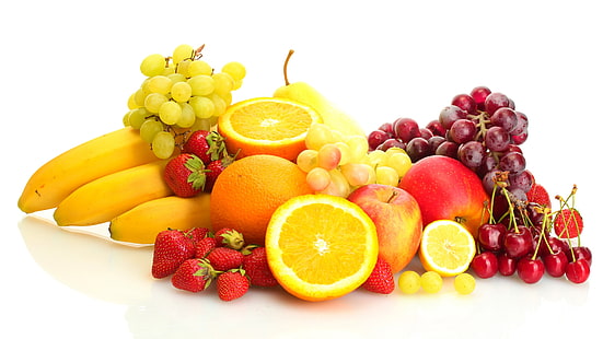 Färska frukter, druvor, apelsiner, körsbär, jordgubbar, banan, päron, äpplen, olika frukter, färska, frukter, druvor, apelsiner, körsbär, jordgubbar, banan, päron, äpplen, HD tapet HD wallpaper