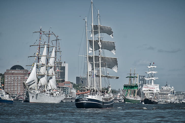 river, ships, Germany, Elba, parade, Hamburg, sailboats, Elbe River, HD wallpaper