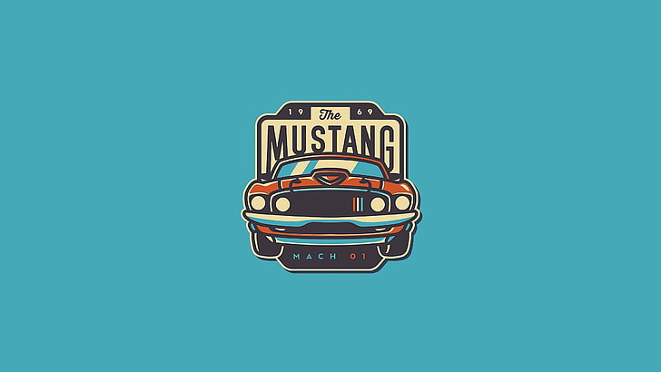 sfondo blu, Ford Mustang, illustrazione, patch, Ford USA, Ford Mustang Mach 1, fastback mach 1, Sfondo HD