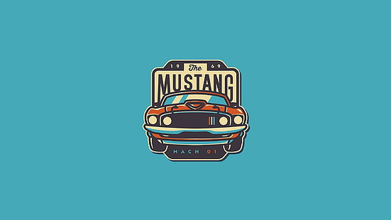 niebieskie tło, Ford Mustang, ilustracja, naszywka, Ford USA, Ford Mustang Mach 1, fastback mach 1, Tapety HD HD wallpaper