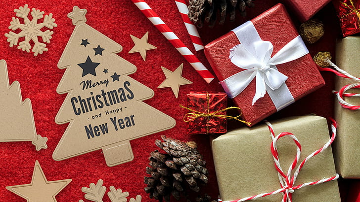 happy new year, merry christmas, new year, christmas, gifts, gift box, gift boxes, decoration, HD wallpaper