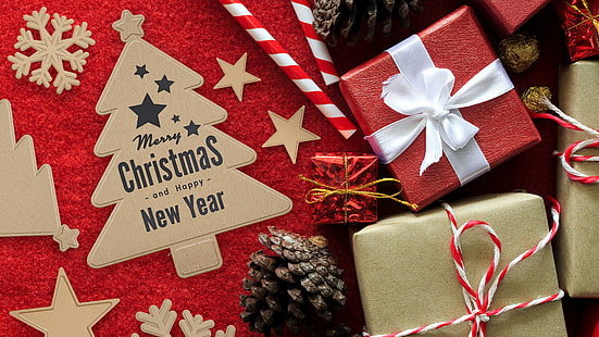 selamat tahun baru, selamat natal, tahun baru, natal, hadiah, kotak hadiah, kotak hadiah, dekorasi, Wallpaper HD HD wallpaper