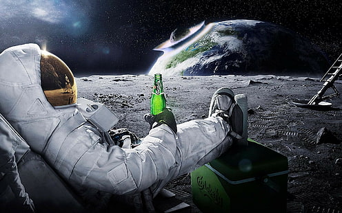 birra, umorismo oscuro, Carlsberg, astronauta, spazio, Terra, meteore, Sfondo HD HD wallpaper