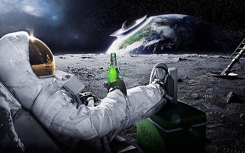 космонавт пьет пиво на луне, наблюдая, как земля разрушает обои, космос, космонавт, метеоры, земля, пиво, Carlsberg, темный юмор, HD обои HD wallpaper