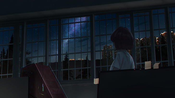 星 夜 アニメ 窓 都市 街の明かり 木 部屋 一人 Hdデスクトップの壁紙 Wallpaperbetter