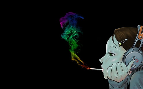 tecknad flicka röka tapeter, svart, rökning, konstverk, hörlurar, rök, kvinnor, enkel bakgrund, HD tapet HD wallpaper