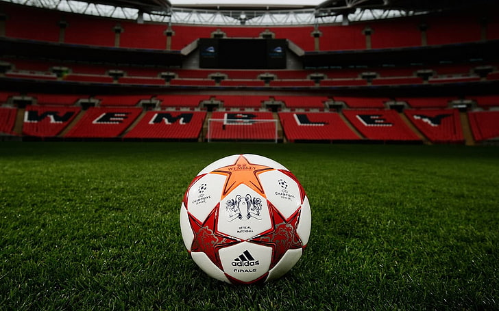 white and red soccer ball, field, lawn, football, the ball, gate, tribune, stadium, Champions League, Wembley, HD wallpaper