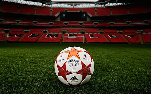 bola de futebol branco e vermelho, campo, gramado, futebol, a bola, portão, tribuna, estádio, Liga dos Campeões, Wembley, HD papel de parede HD wallpaper