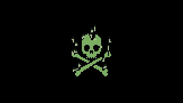 Crânio de pixel, logotipo de caveira verde, arte digital, 1920x1080, caveira, HD papel de parede