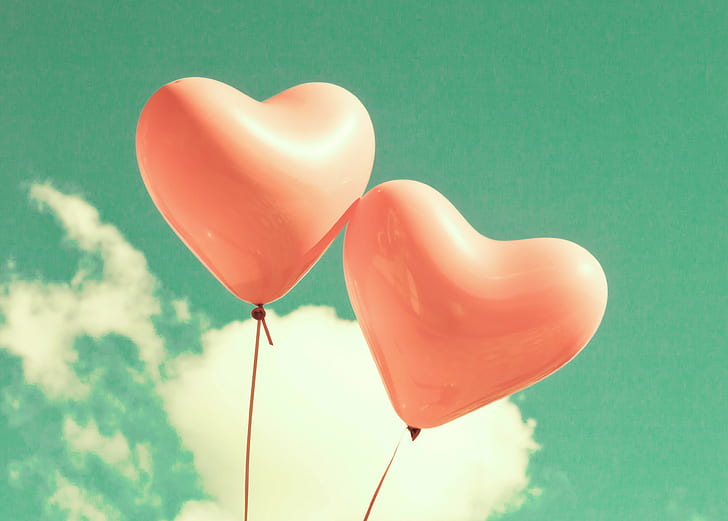 Heart balloons, 2 pcs red heart balloons, heart, Love, balloons, sky, clouds, HD wallpaper