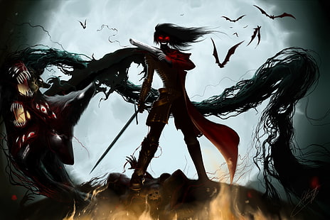 potwór w ilustracji czerwonej peleryny, Hellsing, Alucard, demon, anime, Tapety HD HD wallpaper