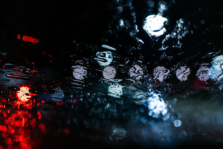 Tetesan hujan, Bokeh, Lampu, Malam, 4K, 8K, Wallpaper HD