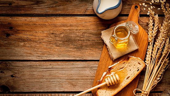 honey, breakfast, toast, milk, wood, HD wallpaper HD wallpaper
