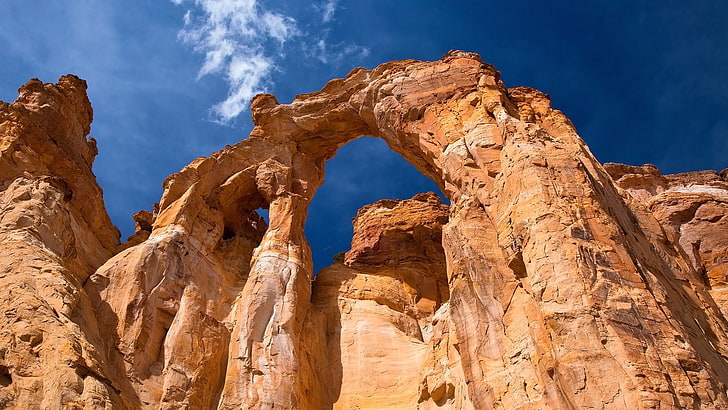 brown rock formation, landscape, nature, arch, rock, sandstone, Utah, USA, clouds, Grosvenor Arch, HD wallpaper