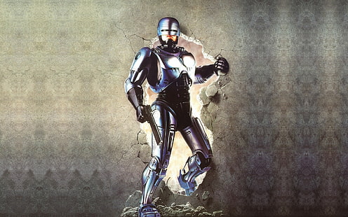 RoboCop, cyborg, robocop 2, films, machine, hommes, pistolet, mur, Fond d'écran HD HD wallpaper