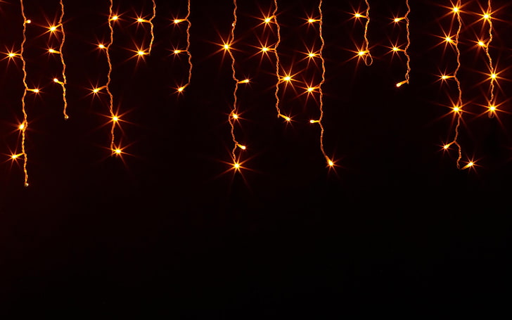 yellow string lights, New Year, snow, HD wallpaper
