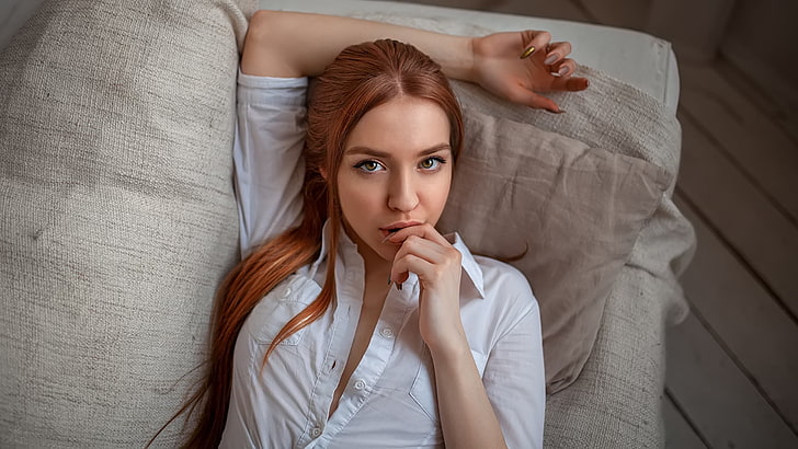 women, face, portrait, redhead, white shirt, finger on lips, painted nails, long hair, couch, top view, looking at viewer, HD wallpaper