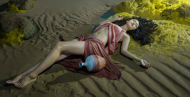 pasir, gadis, berpose, tinggal, kaki, pelempar, Asia, Wallpaper HD HD wallpaper