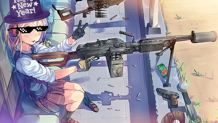 ilustração de rifle de assalto preto, ano novo, arma, saia, Major League Gaming, Mountain Dew, óculos de sol, HD papel de parede