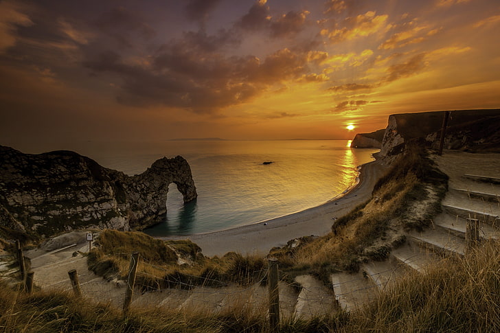 arch, dorset, england, landscape, rock, sea, sunset, HD wallpaper