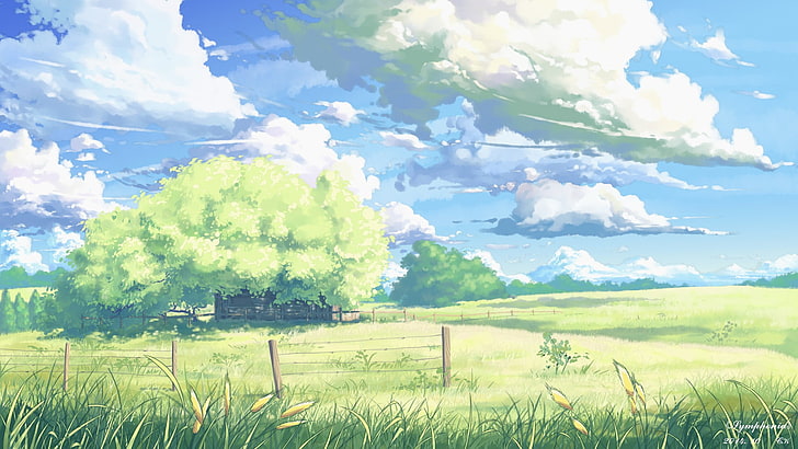 campo de hierba bajo blanco cielo nublado ilustración, arte de fantasía, campo, nubes, Fondo de pantalla HD