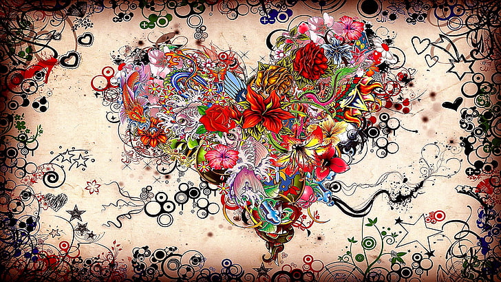 seni, bunga, ilustrasi, desain, lukisan, cinta, desain bunga, hati, karya seni, desain grafis, Wallpaper HD
