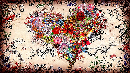 Kunst, Blumen, Illustration, Design, Malerei, Liebe, Blumenmuster, Herz, Kunstwerk, Grafikdesign, HD-Hintergrundbild HD wallpaper