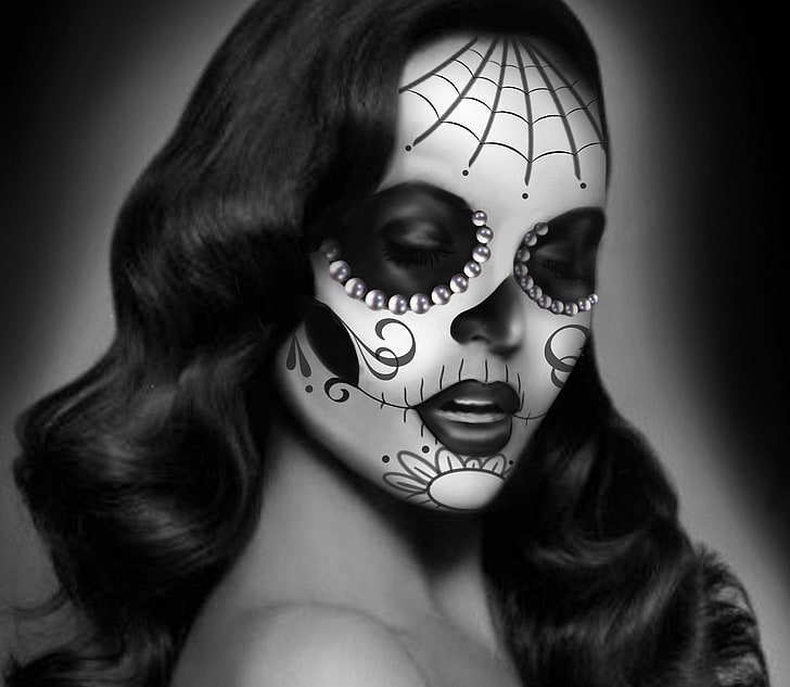 Day of the Death illustration, girl, web, art, rhinestones, black and white, coloring, monochrome, HD wallpaper
