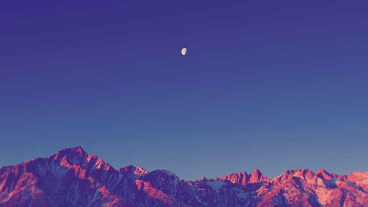 mountains, nature, landscape, snowy peak, shadow, sky, clear sky, simple, blue, sunlight, Moon, sunset, HD wallpaper