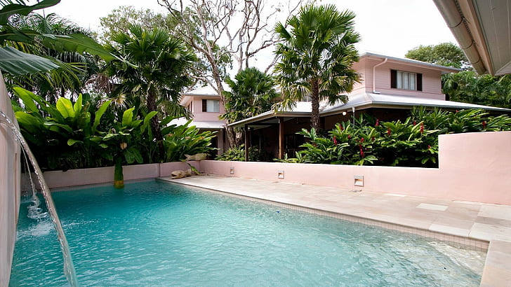 casa, piscina, agua, palmeras, Fondo de pantalla HD