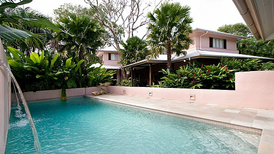 casa, piscina, agua, palmeras, Fondo de pantalla HD HD wallpaper