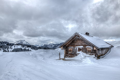 коричневый деревянный дом в снежной стране, холод, зима, снег, горы, дом, фон, широкоформатные, обои, хижина, полноэкранные, HD обои, полноэкранные, HD обои HD wallpaper