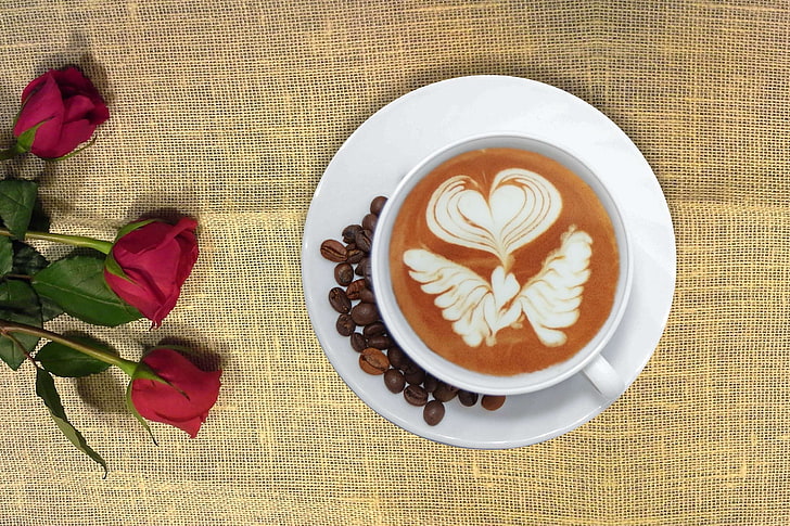 aroma, beverage, breakfast, caf, caffeine, cappuccino, ceramic, coffee, coffee beans, creative, cup, drink, espresso, flower, fresh, fresh flowers, hot, kitchenware, latte, latte art, liquid, love, plate, red, red roses, HD wallpaper