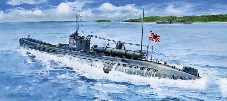 берег, лодка, рисунок, арт, залив, подводный, эсминец, японский, WW2, I-27, HD обои