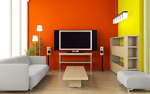 серый плоский телевизор, стиль, комната, интерьер, минимализм, HD обои HD wallpaper