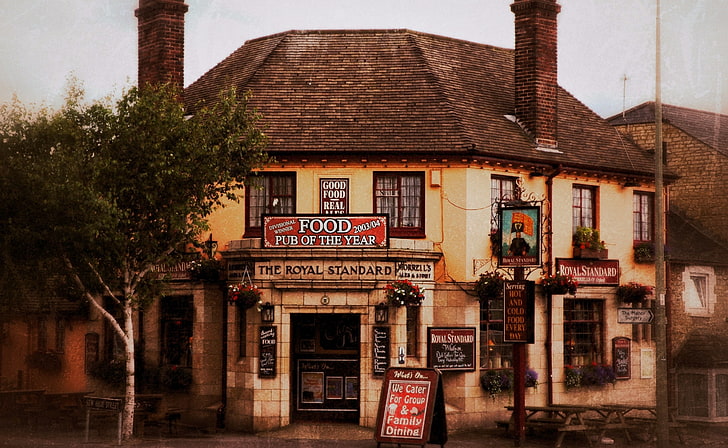 Eski İngiliz Pub, bej ve kahverengi ev, Vintage, İngiltere, Oxford, HD masaüstü duvar kağıdı