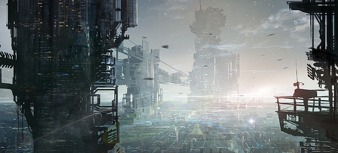 خلفية المبنى الرمادي ، تصوير المباني الفولاذية السوداء ، الخيال العلمي ، الفن الرقمي ، مدينة مستقبلية ، مستقبلية، خلفية HD HD wallpaper