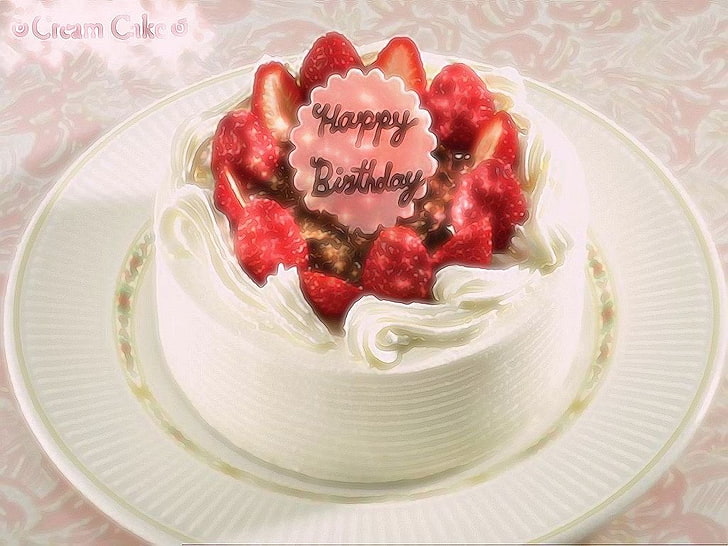 белый и красный клубничный торт, праздник, день рождения, торт, еда, HD обои
