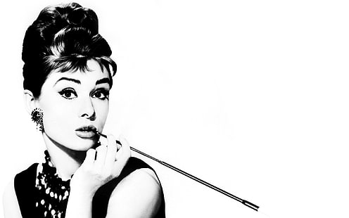 girl, actress, mouthpiece, Audrey Hepburn, black and white photo, Breakfast at Tiffany's, HD wallpaper HD wallpaper
