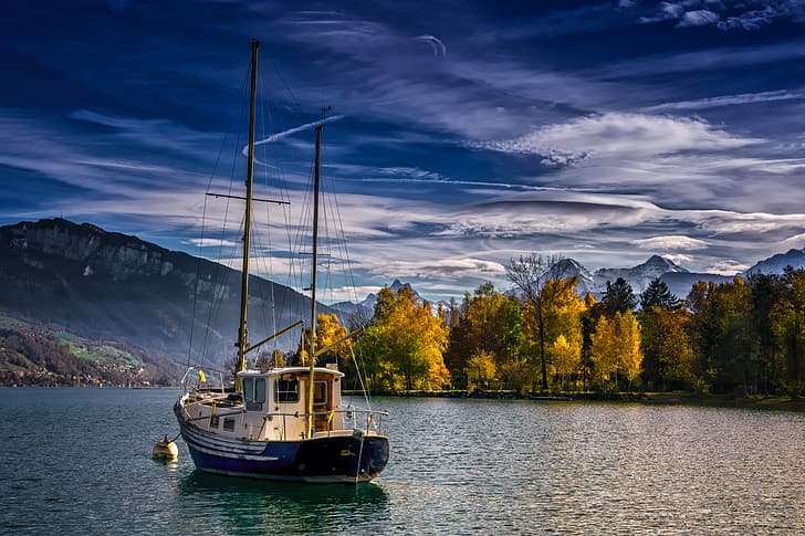 autumn, trees, landscape, mountains, nature, shore, boat, Switzerland, Lake Thun, Thunersee, HD wallpaper