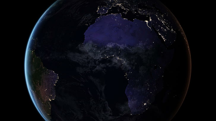космическая фотография, человеческое поселение, огни города, ночные огни, синий мрамор, черный мрамор, Атлантический океан, океан, мир, НАСА, планета, земля, глобус, карта, Европа, Южная Америка, Африка, спутниковые снимки, HD обои