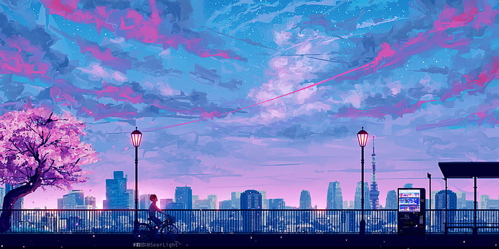 siluet baja punggungan wallpaper, lukisan langit biru dan merah muda, ilustrasi, kota, anime, lukisan, menggambar, SeerLight, pemandangan, sepeda, seni fantasi, Wallpaper HD