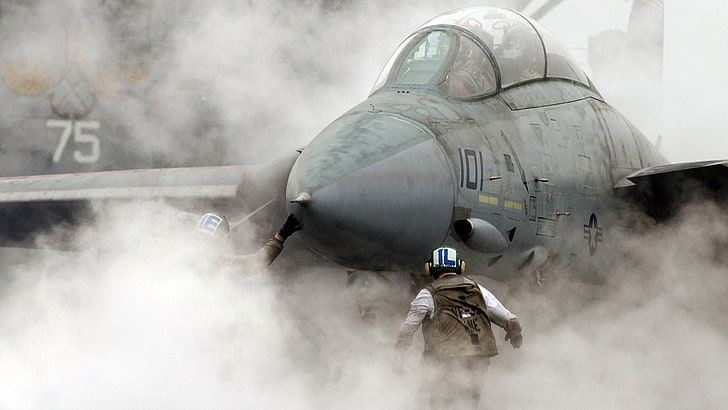 F-14 Tomcat, dymne, samoloty wojskowe, wojsko, samoloty, myśliwiec odrzutowy, Grumman F-14 Tomcat, Tapety HD