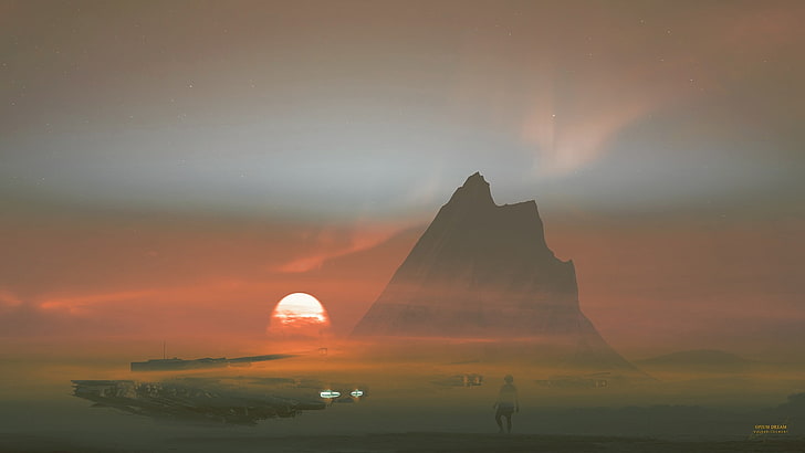 شمس بجانب الجبل ورق حائط رقمي ، فن خيالي ، منظر طبيعي، خلفية HD