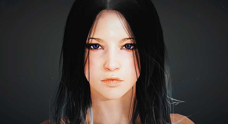 longs cheveux noirs pour femmes, jeux vidéo, Black Desert, cheveux noirs, cheveux noirs, yeux bleus, Fond d'écran HD