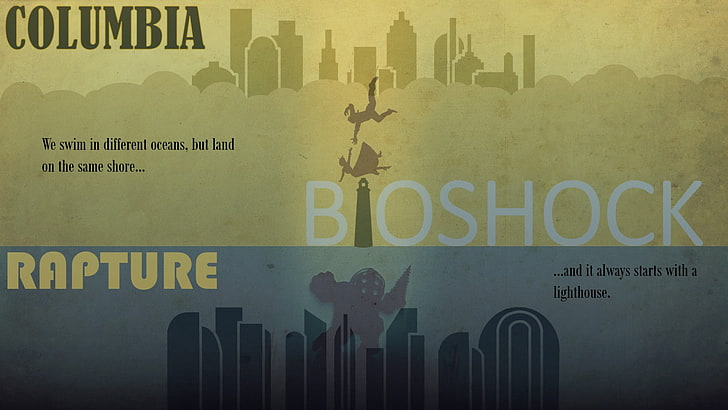 Bioshock, Big Daddy (BioShock), Booker DeWitt, Columbia (Bioshock), Elizabeth (Bioshock Infinite), Lighthouse, Rapture (Bioshock), HD тапет