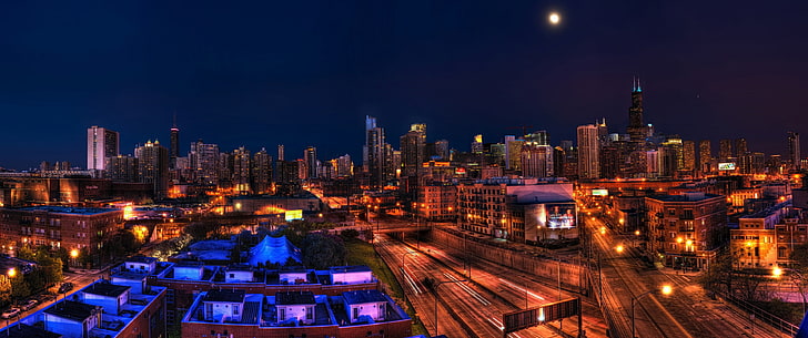 초광각, 밤, 도시 풍경, 시카고, 일리노이, HD 배경 화면