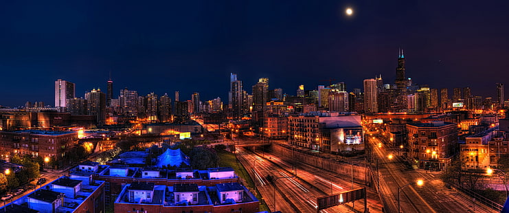 ultra ancho, noche, paisaje urbano, Chicago, Illinois, Fondo de pantalla HD HD wallpaper