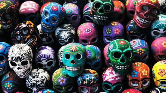 череп, хэллоуин, тыква, праздник, сахарный череп, кошелек или жизнь, цветные, сахарные черепа, HD обои HD wallpaper